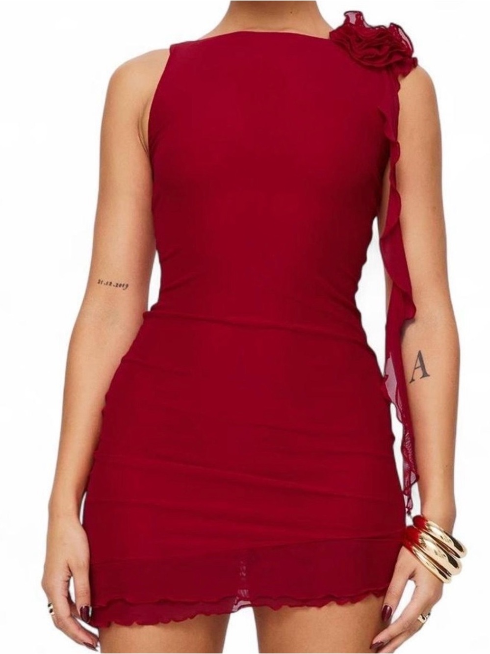 Princess Polly Lorello mesh Mini Dress Red with rose detail